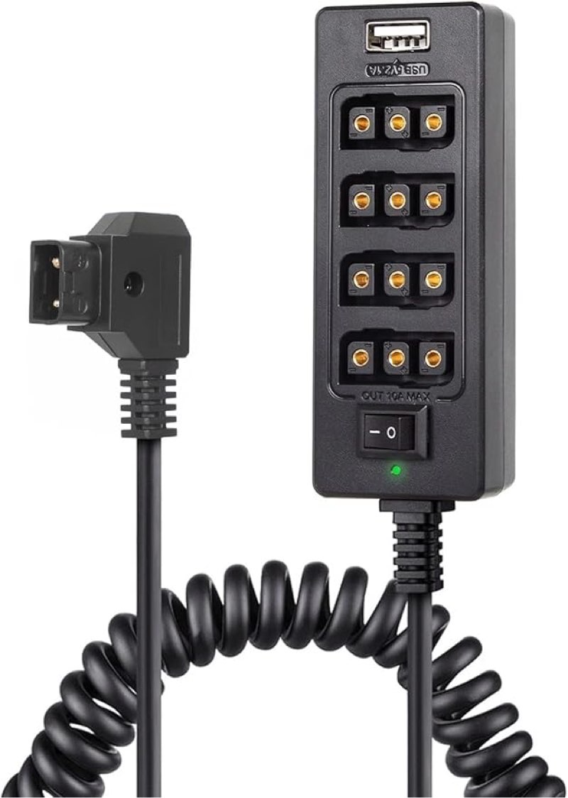 Moman Cable D-Tap Male to 4-Port D-Tap Female Coiled Splitter Cable for V-Mount Battery, Multifuncti