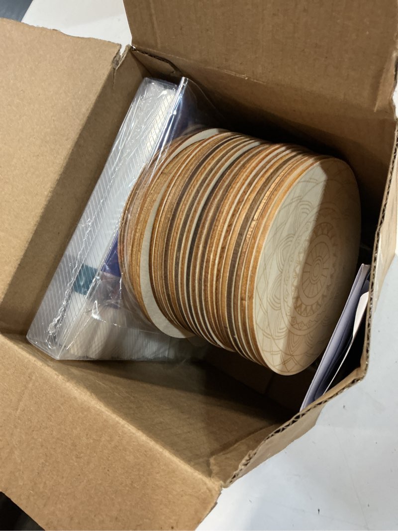 Condition photo showing Good Condition for 77 pcs mandalas coasters painting kit, 20 set wooden drink coasters 4 inch with holder & markers boho diy crafts for adults, women, hobby, color your own art craft supplies