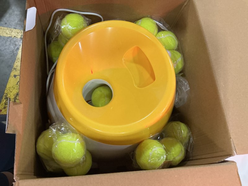 Condition photo showing Good Condition for mekaple automatic dog ball launcher, dog ball thrower with 15 mini tennis balls sizing 2 inch and mesh bag, interactive dogs toys tennis balls launcher for small dogs with 3 distance settings orange