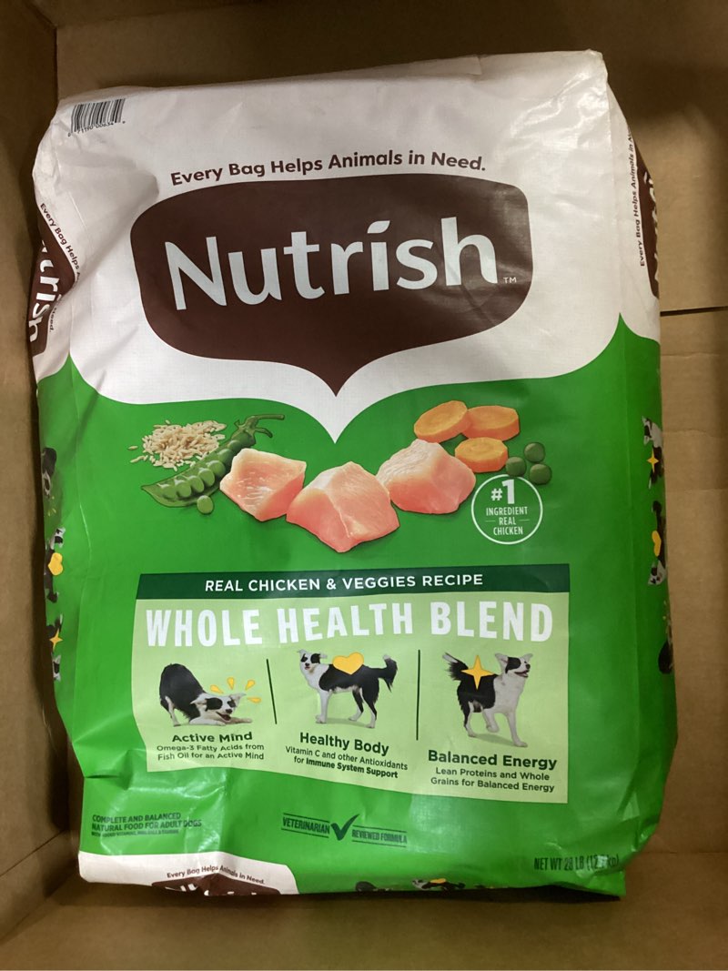 Condition photo showing New/Like New for (best by january 2027) nutrish real chicken & veggies recipe whole health blend dry dog food, 28 lb. bag, packaging may vary (rachael ray) 28 pound (pack of 1)