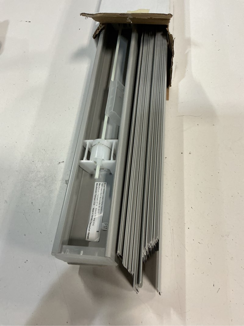 Condition photo showing As Is for project source premium 2-in slat width 34-in x 64-in cordless gray vinyl room darkening horizontal blinds