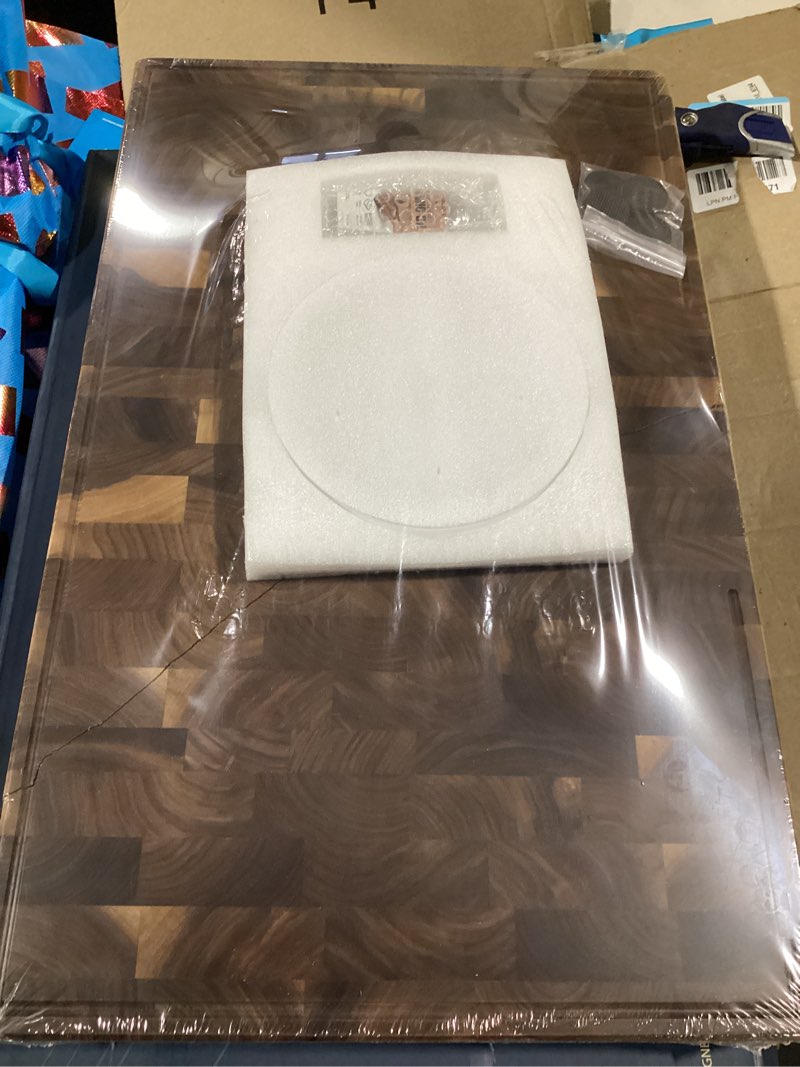 Condition photo showing As Is for (Damaged)XXL American Black Walnut End Grain Cutting Board - 24 x 15 x 1.7 Inch - Premium Quality & Professional Butcher Block. Heavy Duty Wood Chopping Board for Kitchen (Oil bottle & Plate included) Black Walnut 24\"L x 15\"W