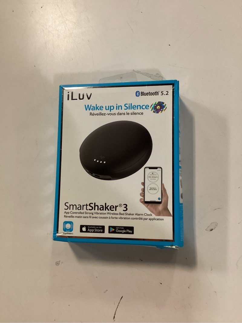 Condition photo showing New/Like New for iluv smartshaker 3, wireless bed shaker for hearing impaired & heavy sleepers, 20 alarms, call & app alerts, bluetooth, rechargable battery, auto dst, ios & android compatible