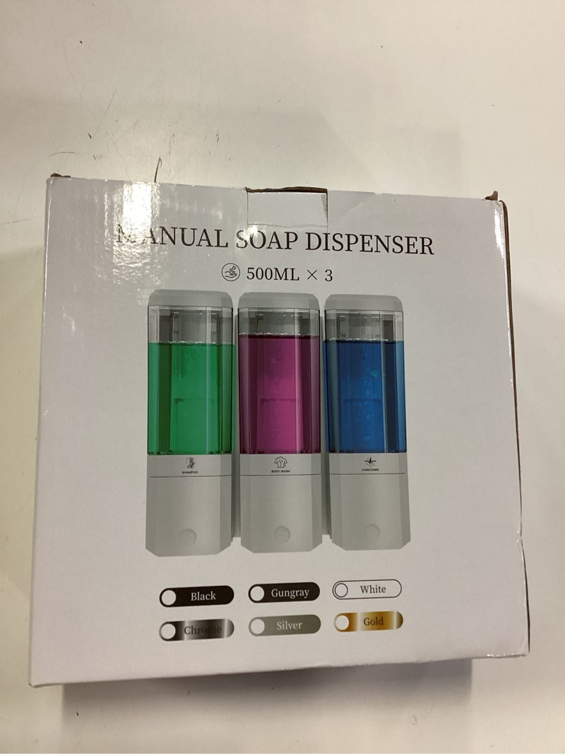 Condition photo showing New/Like New for shampoo and conditioner dispenser,glintgath shower dispenser 3 chamber no drill shampoo dispenser for shower wall mounted shower soap dispenser for bathroom hotel,large capacity 3 * 500ml, black black 3 chamber