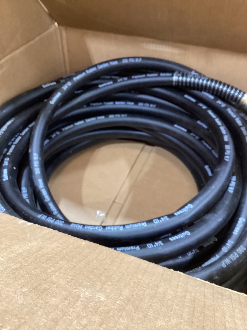 Condition photo showing As Is for 75ft 3/4 heavy duty rubber garden hose - 300psi working, 1000psi burst - hot/cold water - five-layered braiding for durability - versatile for gardening, agriculture, construction(black) 3/4 75ft male to female black