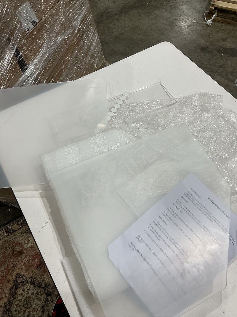 Condition photo showing As Is for splash guard clear acrylic panel barrier, no assembly required, for restaurants, commercial kitchens, food processors, hospitals, clinics, laboratories 2 packs