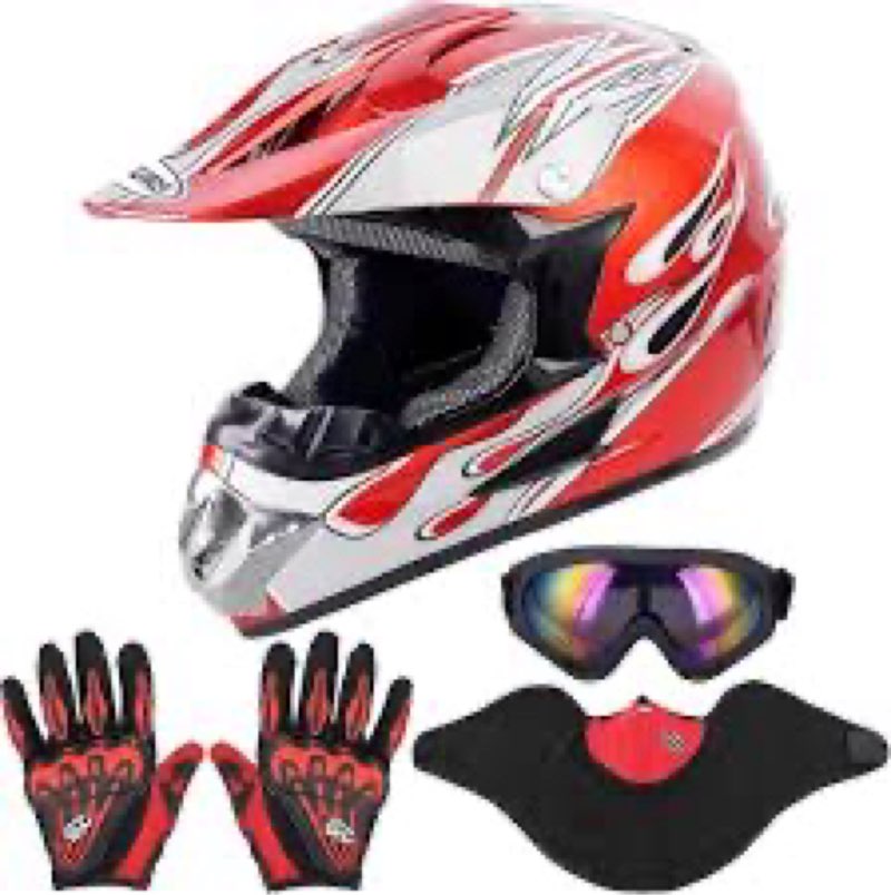 (size:l)oumurs adult motocross dirt bike helmet with goggle, gloves & mask - dot/fmvss-218 off-road motorcycle & atv helmet with adjustable sun visor new red flame large