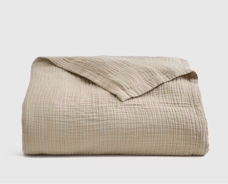Condition photo showing As Is for organic airy gauze blanket, full/queen, dune