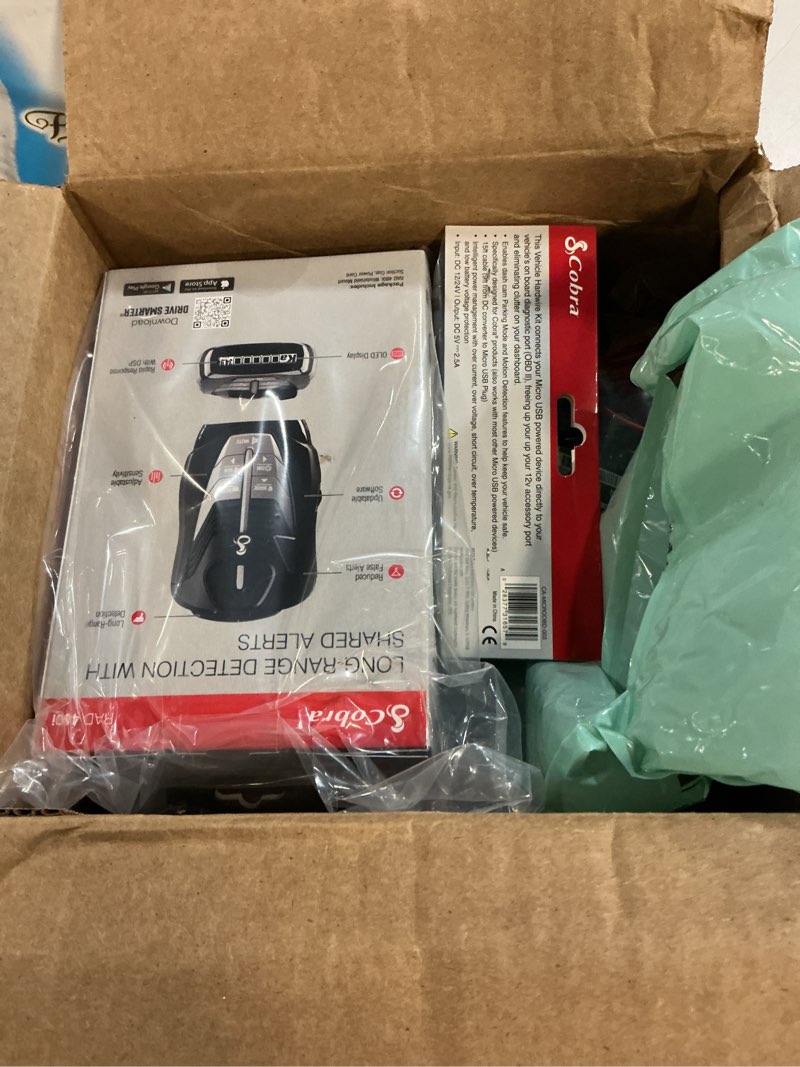 Condition photo showing New/Like New for cobra rad 480i radar detector & sc 201 smart dash cam + 2.5a obd port to micro usb diy easy hardwire kit: long range rapid radar detection, full hd 1080p video + 16gb sd card, built-in wifi & gps rad 480i radar detector + dash cam kit
