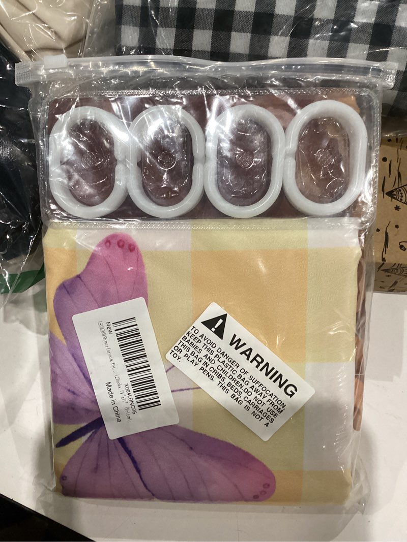 Condition photo showing New/Like New for Sunflower Shower Curtain, Butterfly Yellow Bathroom Shower Curtain with 12 Hooks, Fabric Decorative Shower Curtains Waterproof Washable, 71 x 71 inches