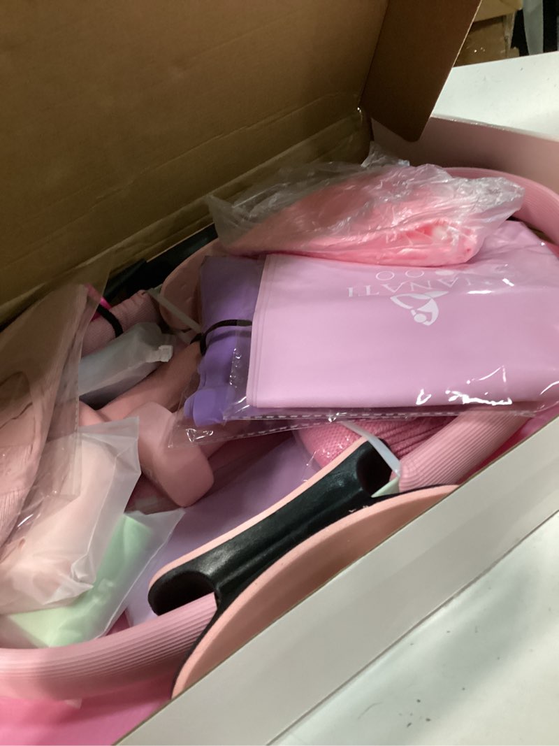 Condition photo showing Good Condition for pilates kit, pilates essential kit for women, pilates equipment with 14.5" pilates ring and ball, resistance bands,dumbbells & grip socks accessories, home pilates workout kit for starter pink