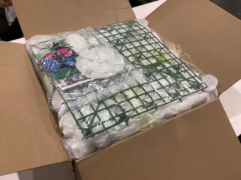 Condition photo showing New/Like New for flower wall backdrop 6 piece 16.5x16.5inch white silk rose wall decor artificial floral panel ideal for wedding celebrations arrangement festive party backdrops and elegant home decor white 16.5inch