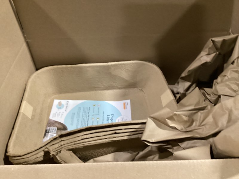 Condition photo showing As Is for kitty sift disposable cat litter box jumbo, 6 count, durable and portable for travel and home, eco-friendly disposable litter box controls odor
