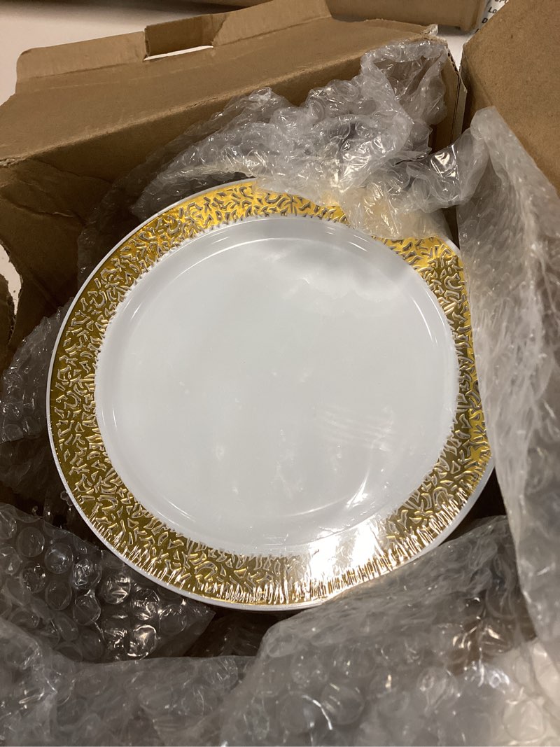 Condition photo showing Good Condition for Skylety 100 Pieces White and Gold Plastic Plates Bulk 6 Inch Plastic Disposable Dessert Plates with Gold Lace Rim for Party Birthday Wedding Holiday Anniversary Supplies