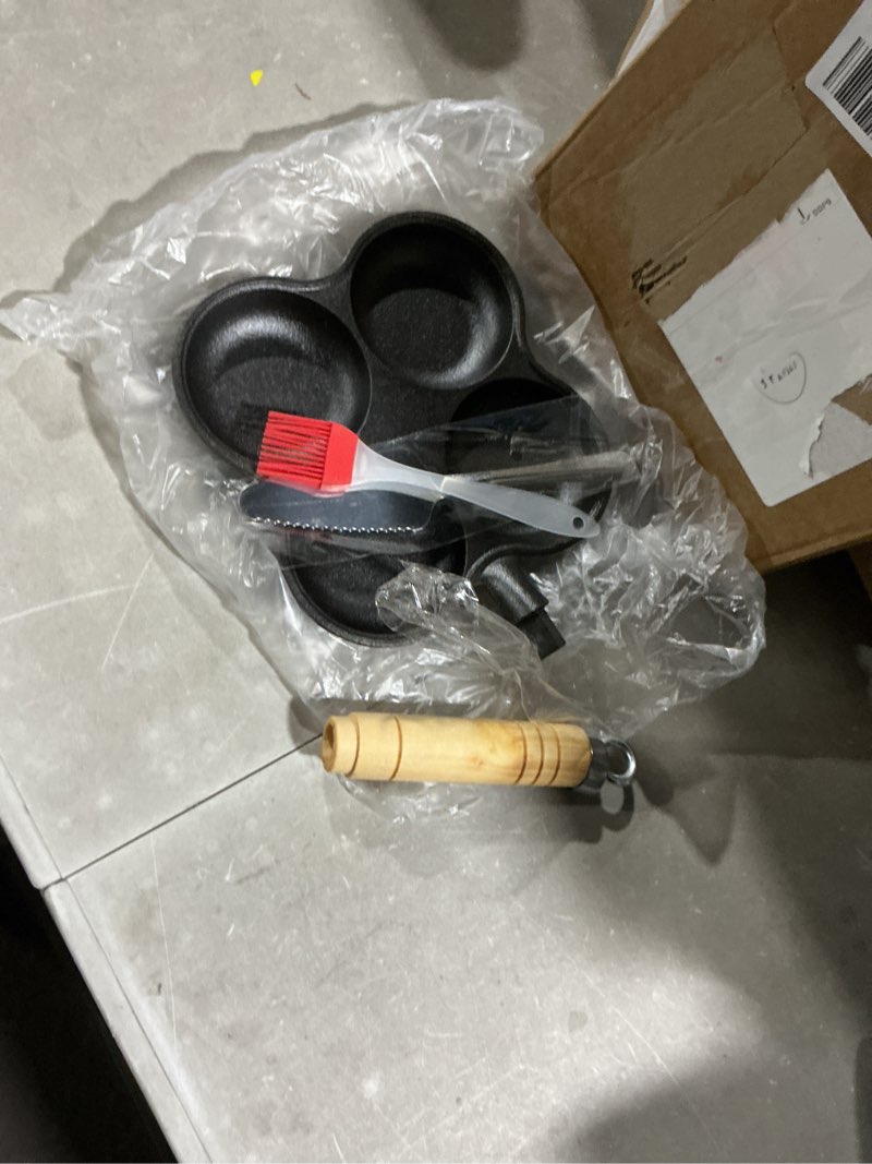 Condition photo showing As Is for cast iron 4-cup egg pan, small omelette pan with turner & oil brush, breakfast pan for eggs pancakes sandwiches burgers, suitable for gas stove & induction, naturally nonstick with seasoning, 6.6inch flower 4-cup