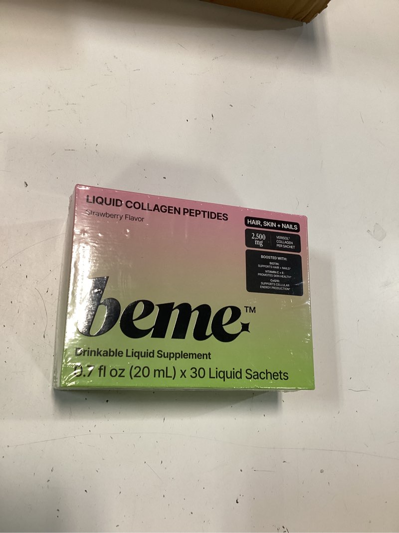 Condition photo showing New/Like New for (best before 15/apr/2027)beme liquid collagen for women — 2,500mg hydrolyzed bovine verisol collagen peptides drink — biotin, coq10 & vitamin c collagen supplement for hair, skin & nails — strawberry, 30 sachets strawberry 21 fl oz (pack of 1)