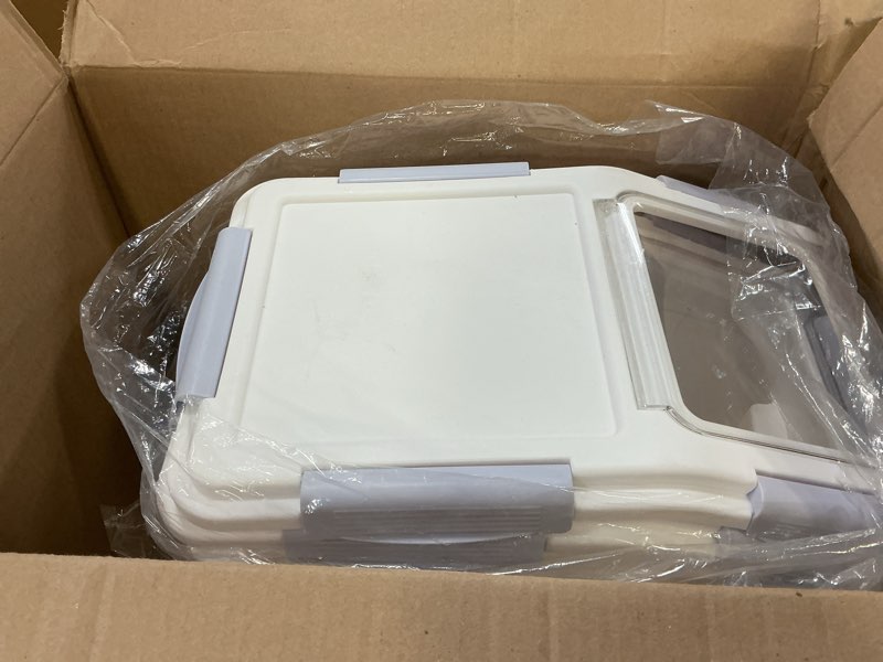 Condition photo showing As Is for 20Lbs 2 Pack Food Storage Container with Scoop, Airtight Rice Storage Bins Flour Containers Pet Food Dispenser with Handle & Wheels, Plastic Kitchen Pantry Organization for Cereal Baking Supplies 2 pack- 20 lb