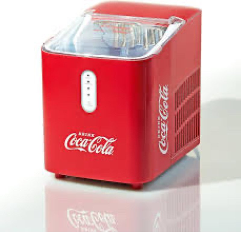 coca-cola automatic ice maker, self- cleaning, countertop size, 26 pounds in 24 hours, 9 large or small ice cubes in 7 minutes, led control panel, scoop included, perfect for water bottles
