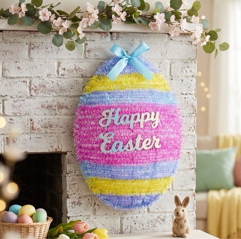 Happy Easter Egg Tinsel Wreath, Multicolor, 18", Easter by Way To Celebrate