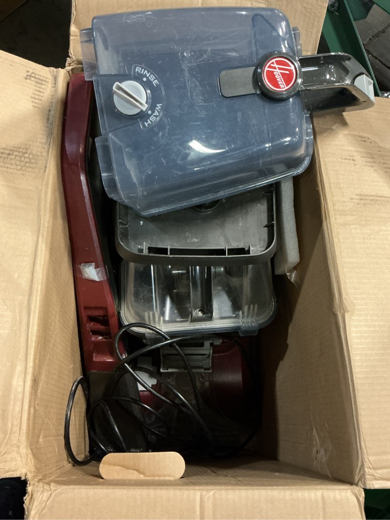 Condition photo showing As Is for hoover powerscrub deluxe carpet cleaner machine for carpet and upholstery, deep cleaning carpet shampooer machine with multi-purpose tools, pair carpet cleaner solution