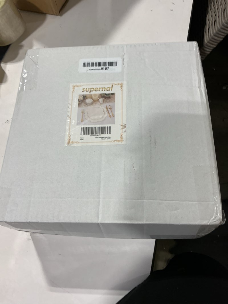 Condition photo showing Good Condition for supernal 60pcs ivory gold plastic plates heavy duty scalloped plastic plates disposable cream color includes: 30 dinner and 30 dessert plate suit for valentine's day mother's day and easter beige and gold