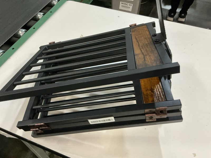 Condition photo showing As Is for freestanding short dog gate, 16" tall pet gate indoor with support feet easily step over, 4 panel metal wood foldable pet dog gate, up to 48" wide puppy fence, puppy gate for for doorway&hallway black rustic brown + black ?4 panels?16"h 48"w