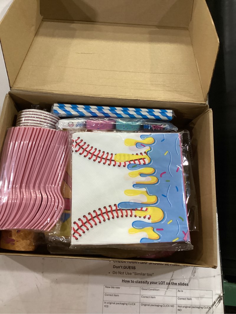 Condition photo showing Good Condition for 231pcs ice cream drip baseball birthday party decorations, all-in-1 baseball party supplies with plates napkins banner balloons tablecloth for ice cream birthday summer gathering decorations, serve 26