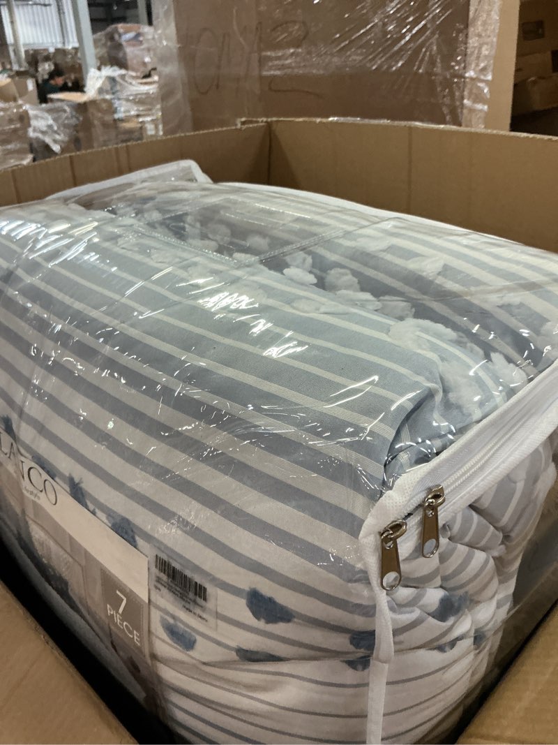 Condition photo showing Good Condition for lanco modern lifestyle queen comforter set, azure, jaquard clip striped design, elegant soft 7 pieces bedding set for all seasons, matching bedskirt, pillow shams and decor pillows azure queen