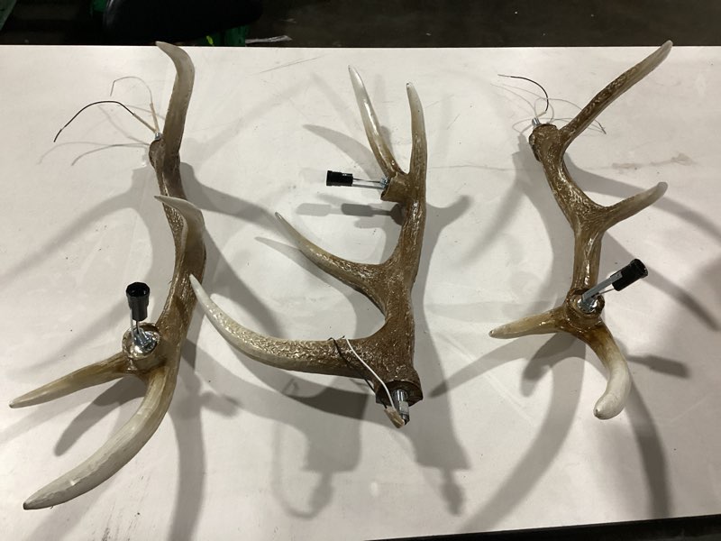 Condition photo showing As Is for  natural white tailed deer antler sheds light fixture 