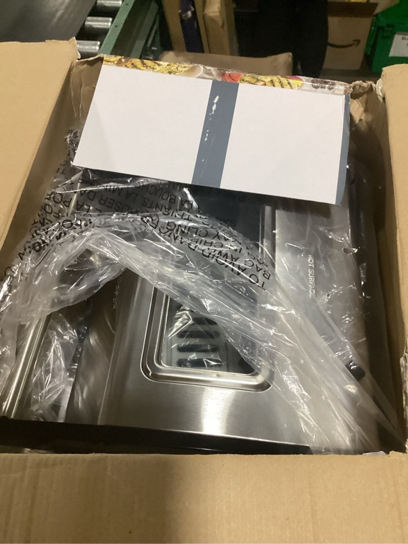 Condition photo showing As Is for hamilton beach electric indoor searing grill with viewing window & adjustable temperature control to 450f, 118 sq. in. surface serves 6, pfas-free removable nonstick grate, stainless steel stainless steel viewing window