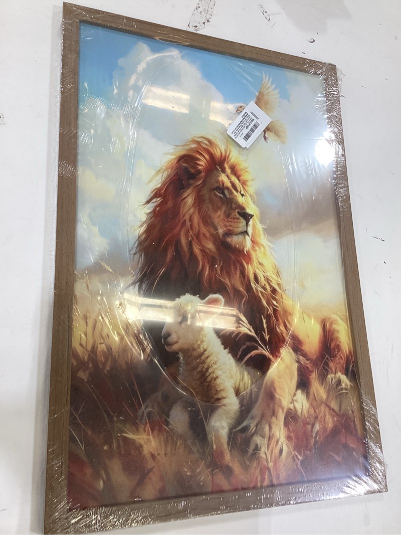 Condition photo showing New/Like New for framed lion and lamb canvas wall art the lion of judah wall decor picture christian biblical symbolizing peace poster print painting for living room bedroom church artwork home decoration lion sheep 24"l x 16"w-framed