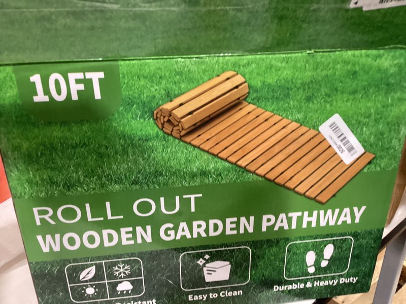Condition photo showing As Is for linshry 10ft wooden garden pathway, outdoor roll out decorative garden walkway, weather-resistant non-slip hardwood walkway pavers for garden, backyard, beach, wedding party pathways 10ft-straight