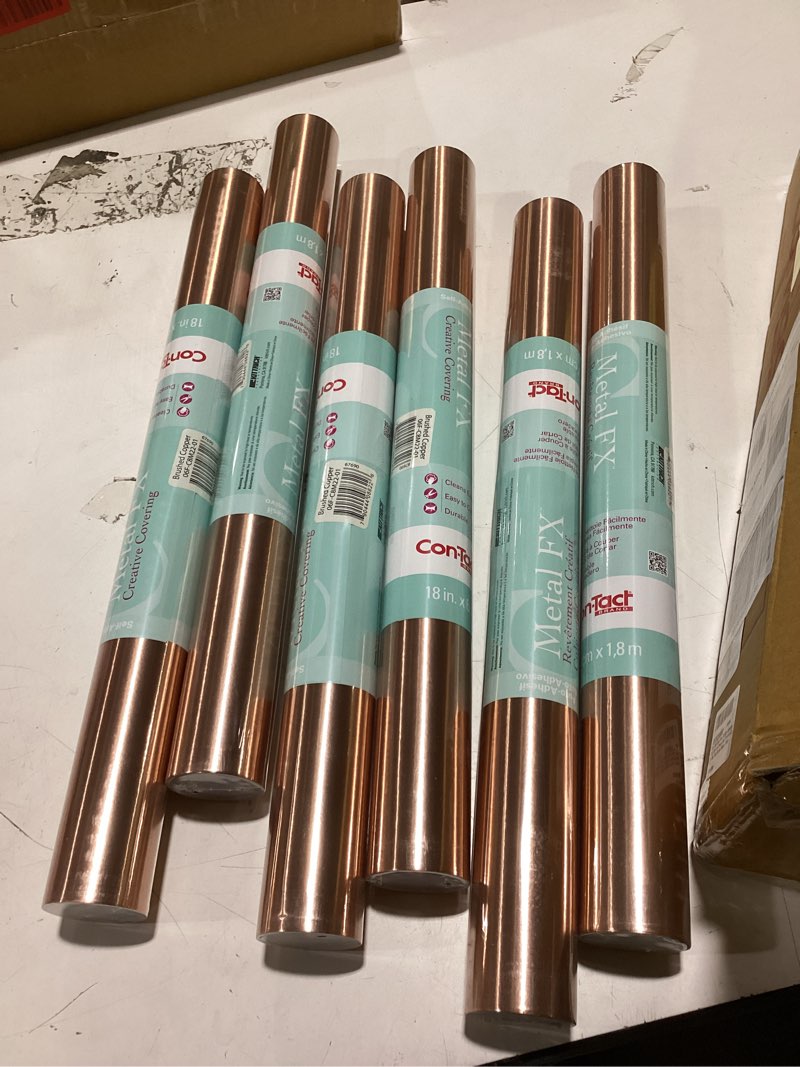 Condition photo showing New/Like New for con-tact brand metal fx self-adhesive vinyl shelf and drawer liner, 18-inches by 6-feet, faux brushed copper, 6 rolls 6 rolls brushed copper