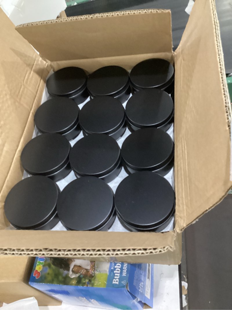 Condition photo showing Good Condition for foraineam 48 pack 4 oz metal round tins with screw lid, black aluminium empty candle tins storage tin jars, cosmetic sample containers travel tin cans for salve, cream, spices or candles