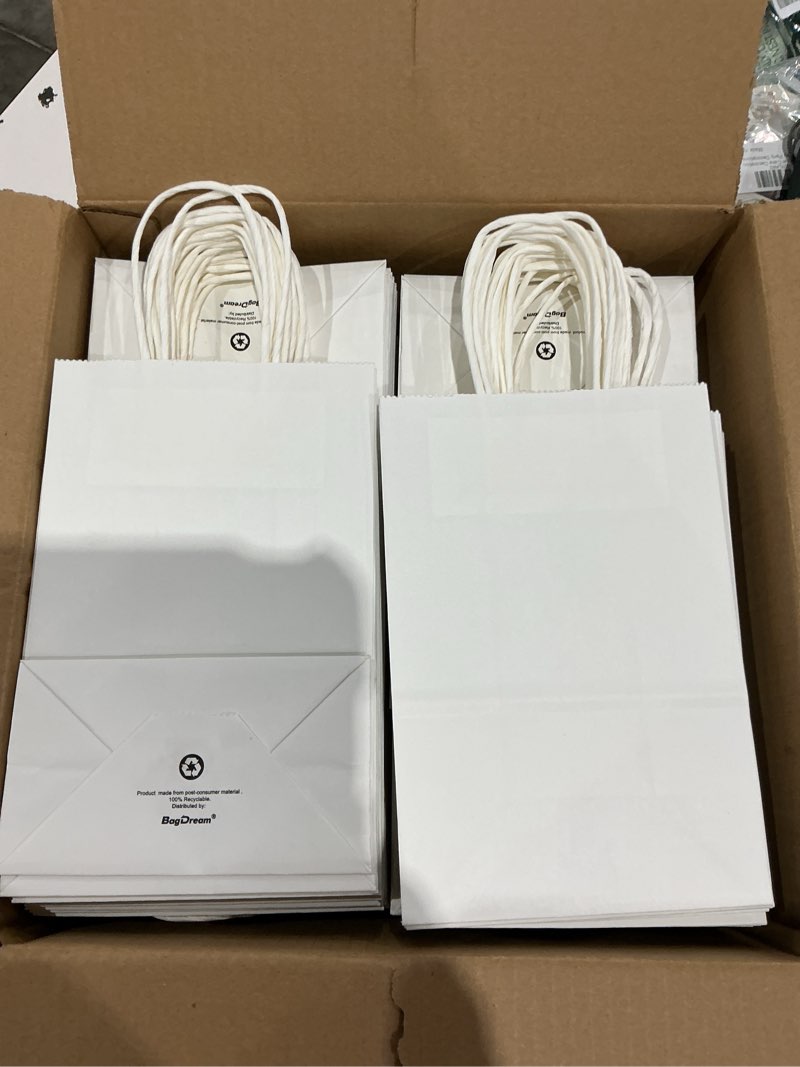 Condition photo showing Good Condition for bagdream gift bags 100pcs 5.25x3x8 small kraft paper gift bags with handles bulk, white paper sacks for wedding birthday party favor, retail, merchandise, small grocery
