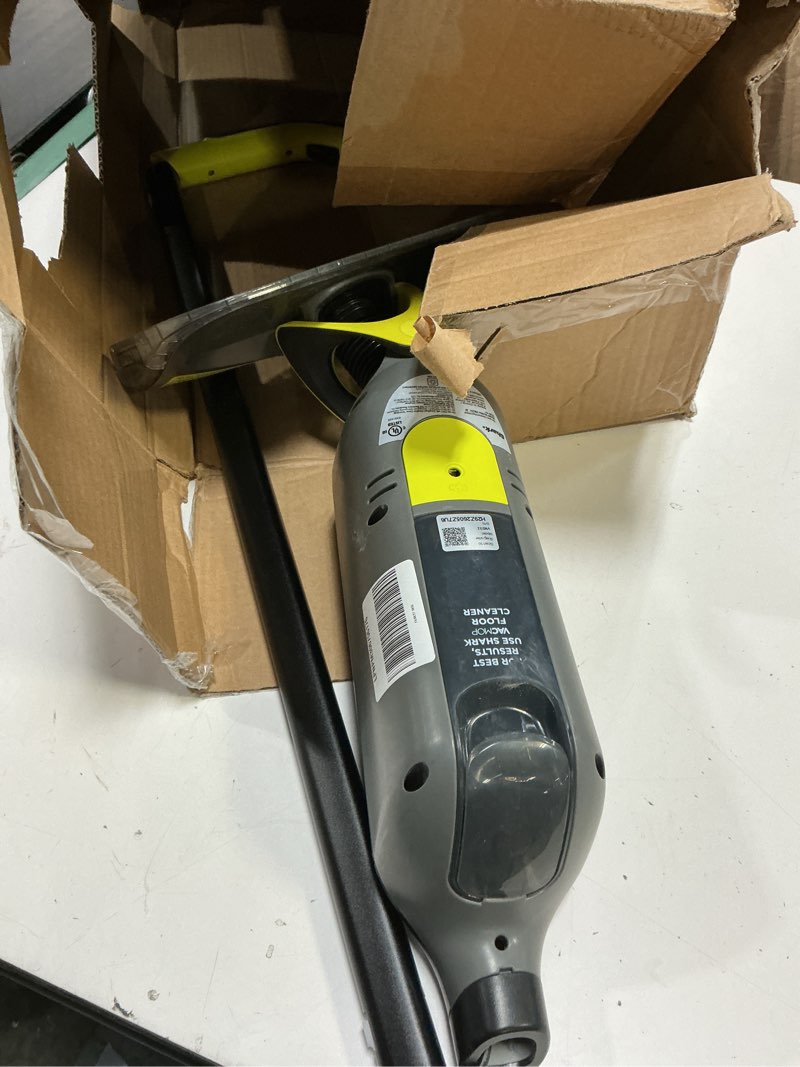 Condition photo showing As Is for shark vacmop cordless hard floor cleaner, vacuum and spray mop, powerful suction, lightweight, led headlights, includes 4 disposable pads, 12oz multi-surface cleaning solution, gray, vm252