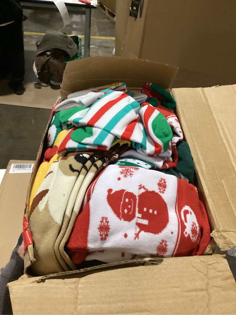 Condition photo showing Good Condition for Meanplan 100 Pairs Christmas Socks in Bulk for Women Men, Cotton Colorful Christmas Crew Socks Novelty Funny Fancy Xmas Socks Pack (Novelty)