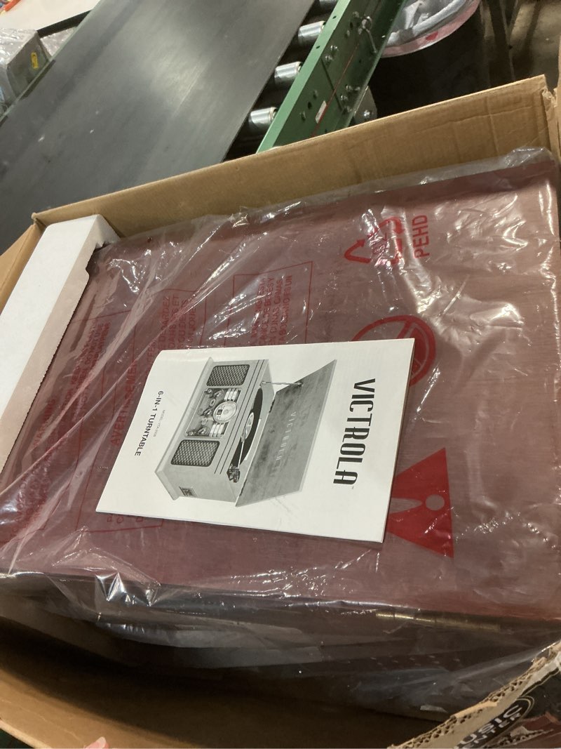 Condition photo showing Good Condition for Victrola The Quincy 6-in-1 Bluetooth Record Player & Multimedia Center with Built-in Speakers – 3-Speed Turntable, CD & Cassette Player, AM/FM Radio, Wireless Music Streaming (Mahogony) Mahogany Record Player