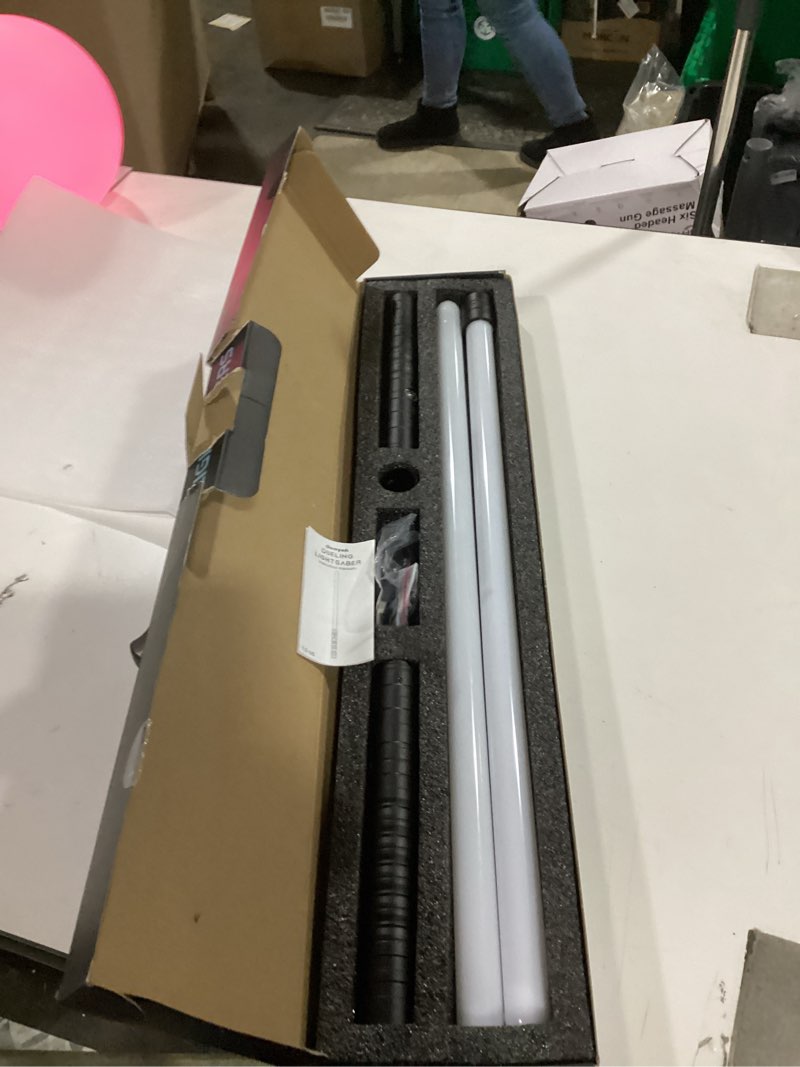 Condition photo showing As Is for **1 saber missing piece** 2 in 1 Dueling Lightsaber Alloy Handle Light Saber 15 RGB Colors with 4 Modes 6 Sound Effects USB Rechargeable Detachable Light Sabers for Kids Adults Ideal Birthday Children's Day Halloween Christmas 15 Colors Black