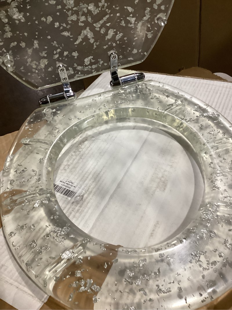 Condition photo showing New/Like New for Resin Toilet Seat Round with Easy Clean Adjustable Hinges, Soft Close Quick Release Heavy Duty Silver Glitter Cover Acrylic Toilet Seats (Round 17 Inch, Silver Foil, Upgraded hinge)