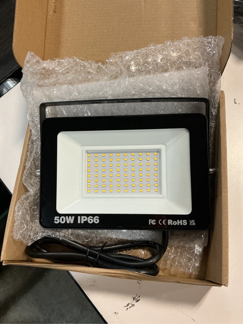 Condition photo showing Good Condition for Willpower Outdoor LED Floodlights 50W 5000LM, Flood Lights with Plug, LED Security Lights 3000K Warm White Job Site Work Lamp IP66 Waterproof for Garden Garage Yard Lawn Court Workshop Patio 3000K 50W