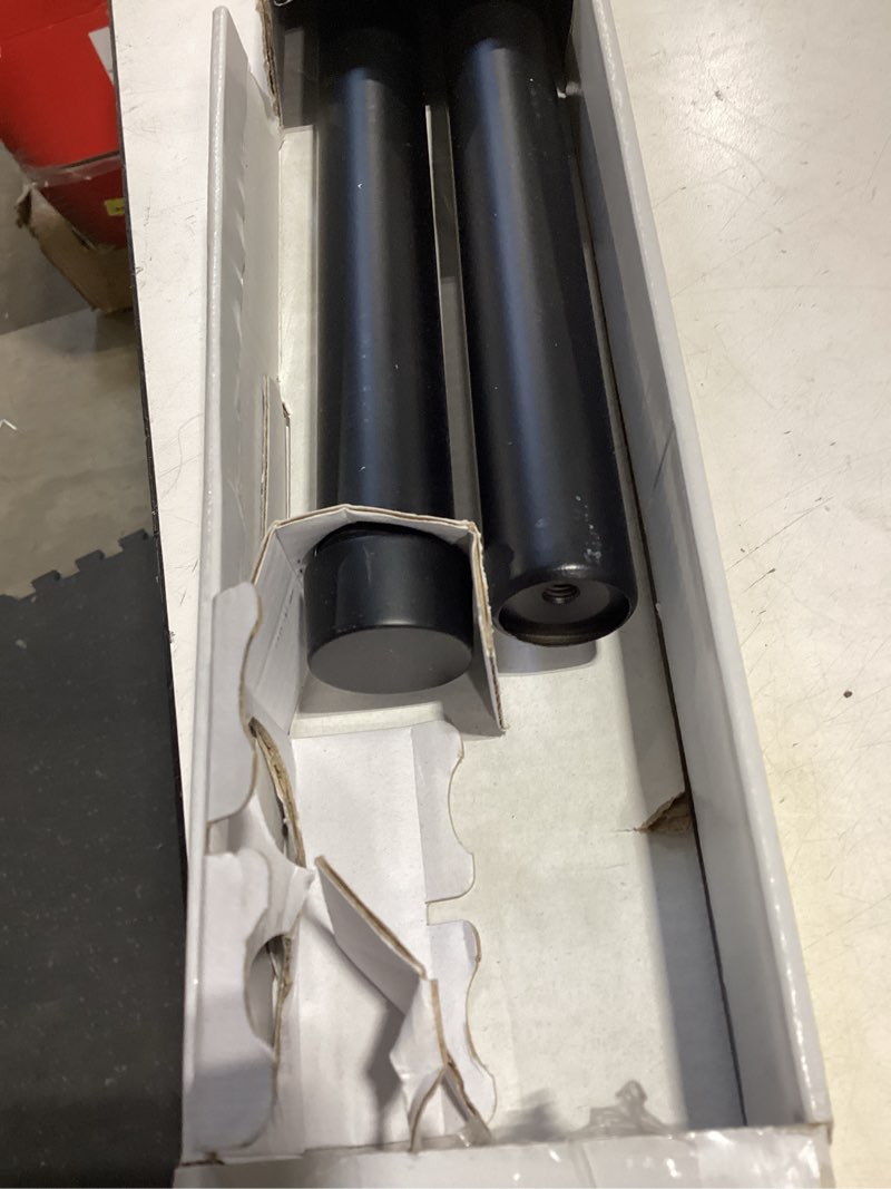 Condition photo showing As Is for better homes & gardens 1" matte black cap adjustable single curtain rod set, 42-120"