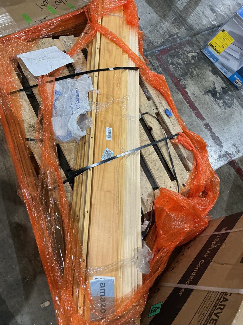 Condition photo showing As Is for zinus vivek deluxe wood platform bed frame with headboard, wood slat support, no box spring needed, easy assembly, full, antique espresso antique espresso full wood frame with headboard