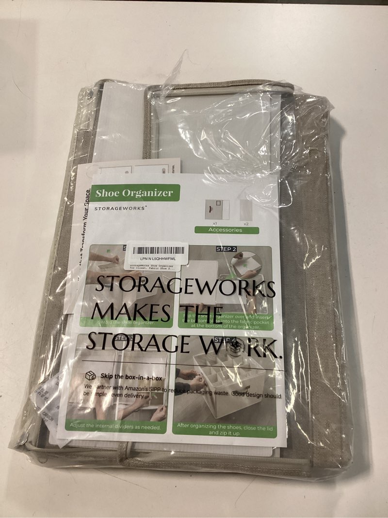 Condition photo showing Good Condition for StorageWorks Shoe Organizer for Closet, Fits up to 16 Pairs, Shoe Cubby Storage Containers with Adjustable Dividers and Clear Cover, Taupe | Fits up to 16 Pairs, Clear Cover Taupe Medium