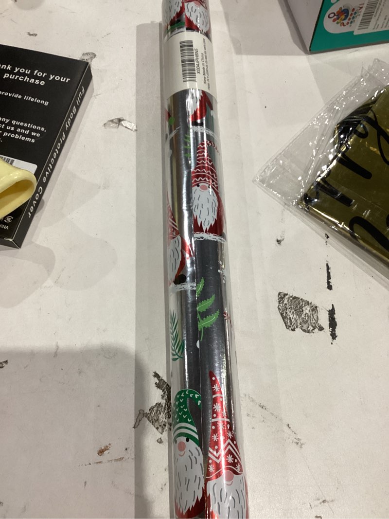 Condition photo showing New/Like New for flyhill reversible christmas wrapping paper roll-17 inch x 33 feet -luxury metallic shine foil red gnomes with snowflake gift wrap for chrsitmas, holiday, party,celebration 17inch*33ft silver gnomes