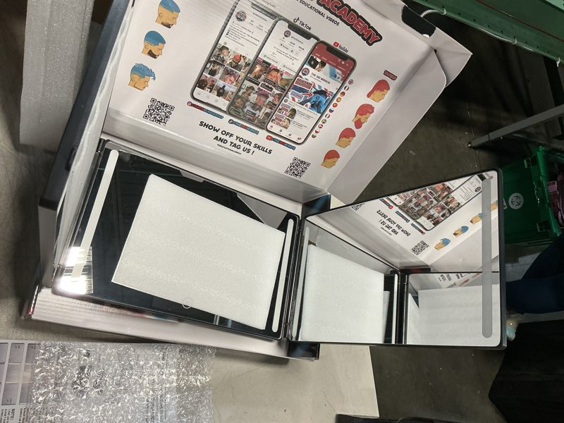 Condition photo showing New/Like New for the 360 mirror - 3 way mirror for self hair cutting - adjustable trifold barber miror to cut your own hair - tri fold self haircut system for men and women braiding - three sided miror for haircuts black with no led