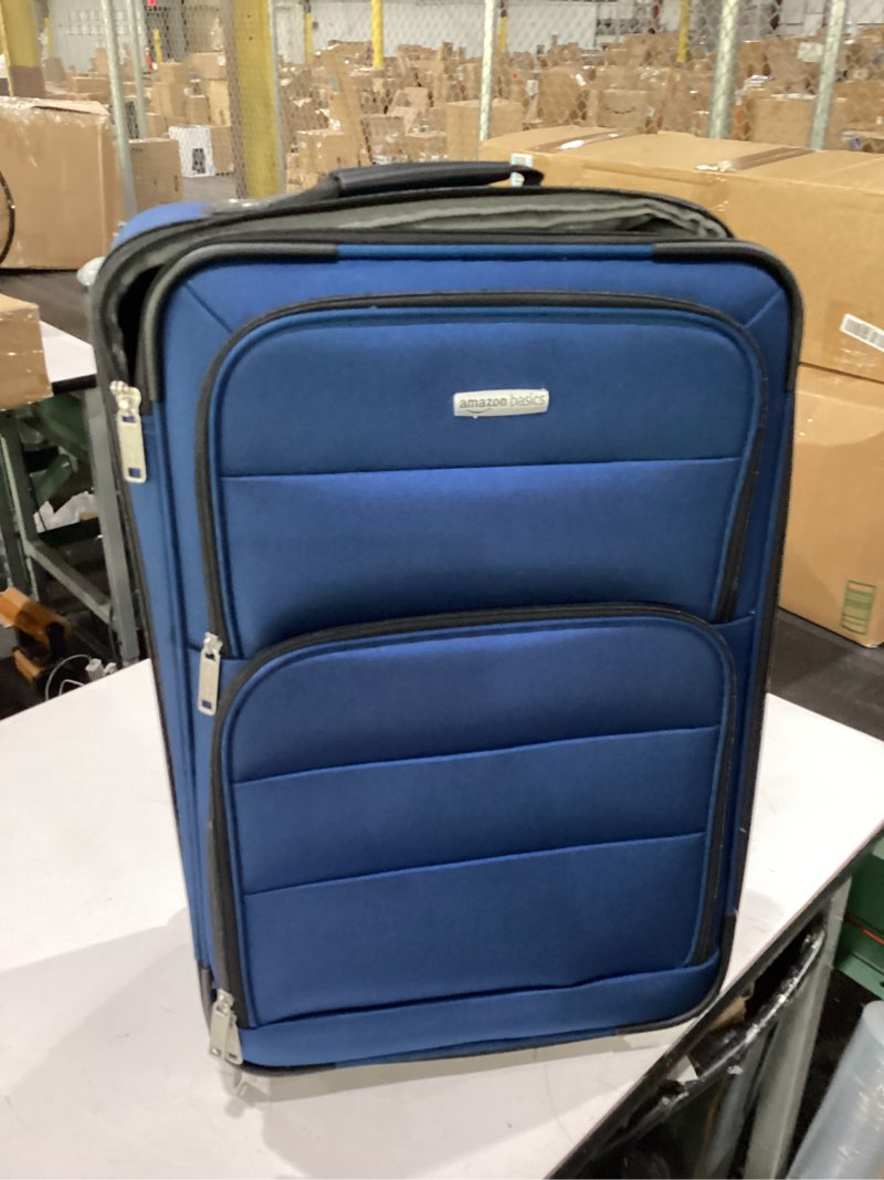 Condition photo showing New/Like New for amazon basics softside luggage set, 23-inch expandable suitcase with wheels and 15-inch tote, extra space (+15%), front pockets, telescopic handle, navy blue