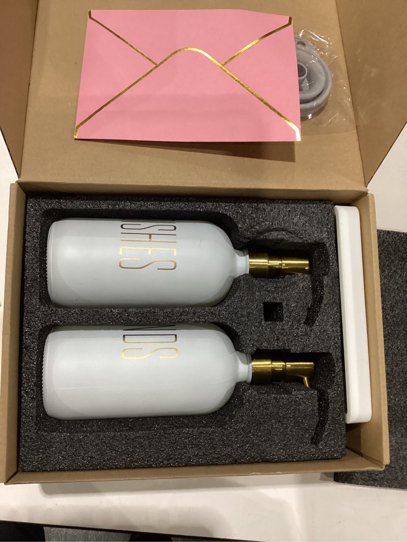 Condition photo showing New/Like New for soap dispenser set, contains hand soap dispenser and dish soap dispenser for kitchen? glass soap dispenser with stainless steel pump?for luxury gold kitchen counter decor??white? hd w g bottle & white tray