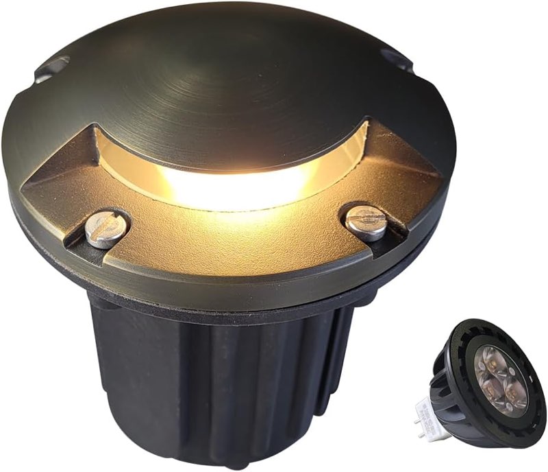 MALORY Low Voltage Landscape Well Lights,?5‘’H 12V Brass Top Cover Outdoor In Ground Lights,Landscape Lighting for Pathway, Driveway and Garden (One-Direction Turret, 1-Pack with Bulb)
