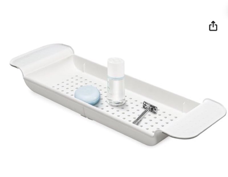 madesmart expandable bath shelf, adjustable bathtub tray for bath-night, holds glasses, soaps, toys & bath essentials, non-slip grip, fits most tubs, white